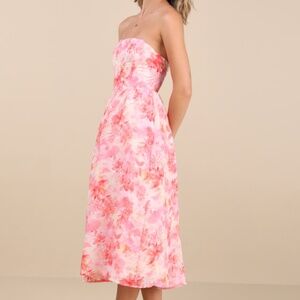 Lulus Eulalia Pink Floral Lace-up Strapless Bustier Midi Dress - Size M